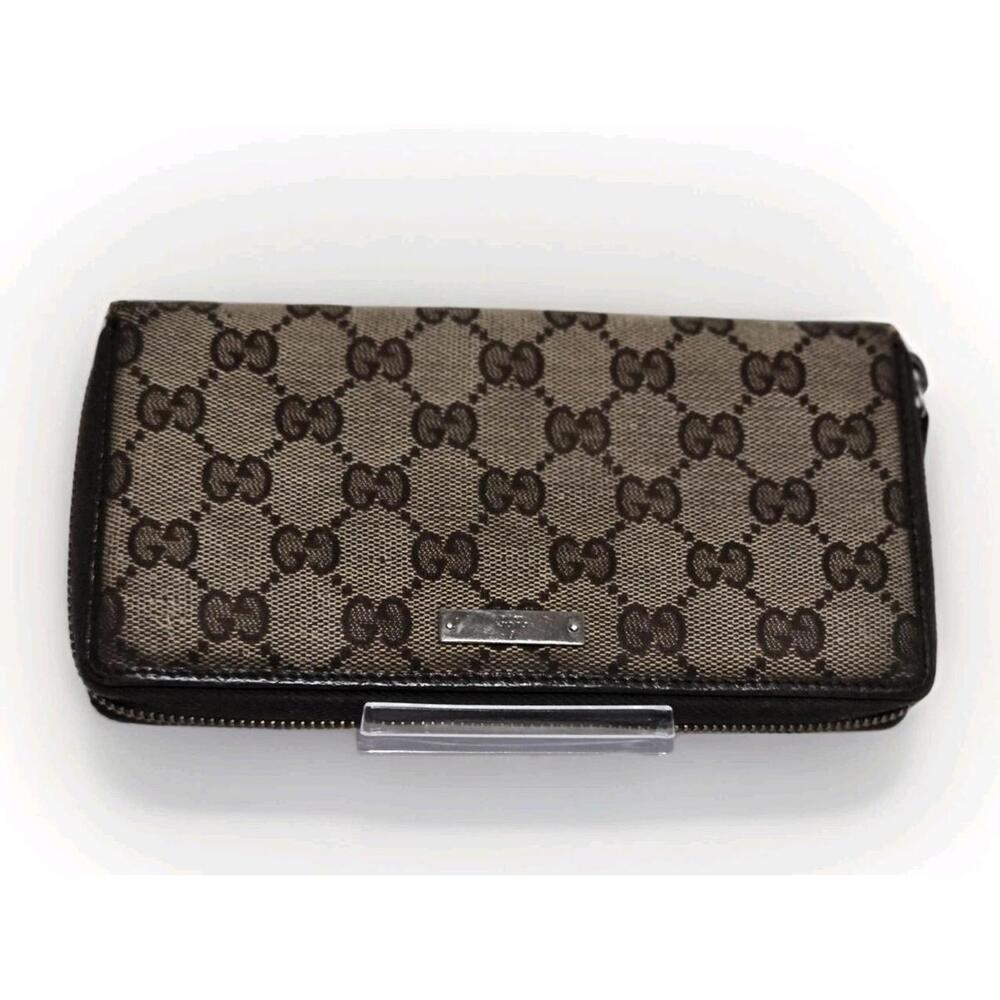 Gucci Round Zipper Long Wallet GG Canvas Leather Brown Logo Plate